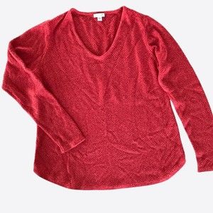 J Jill Orange Red Merle Knit Top Sweater V Neck Sz Small Tight Waffle Knit